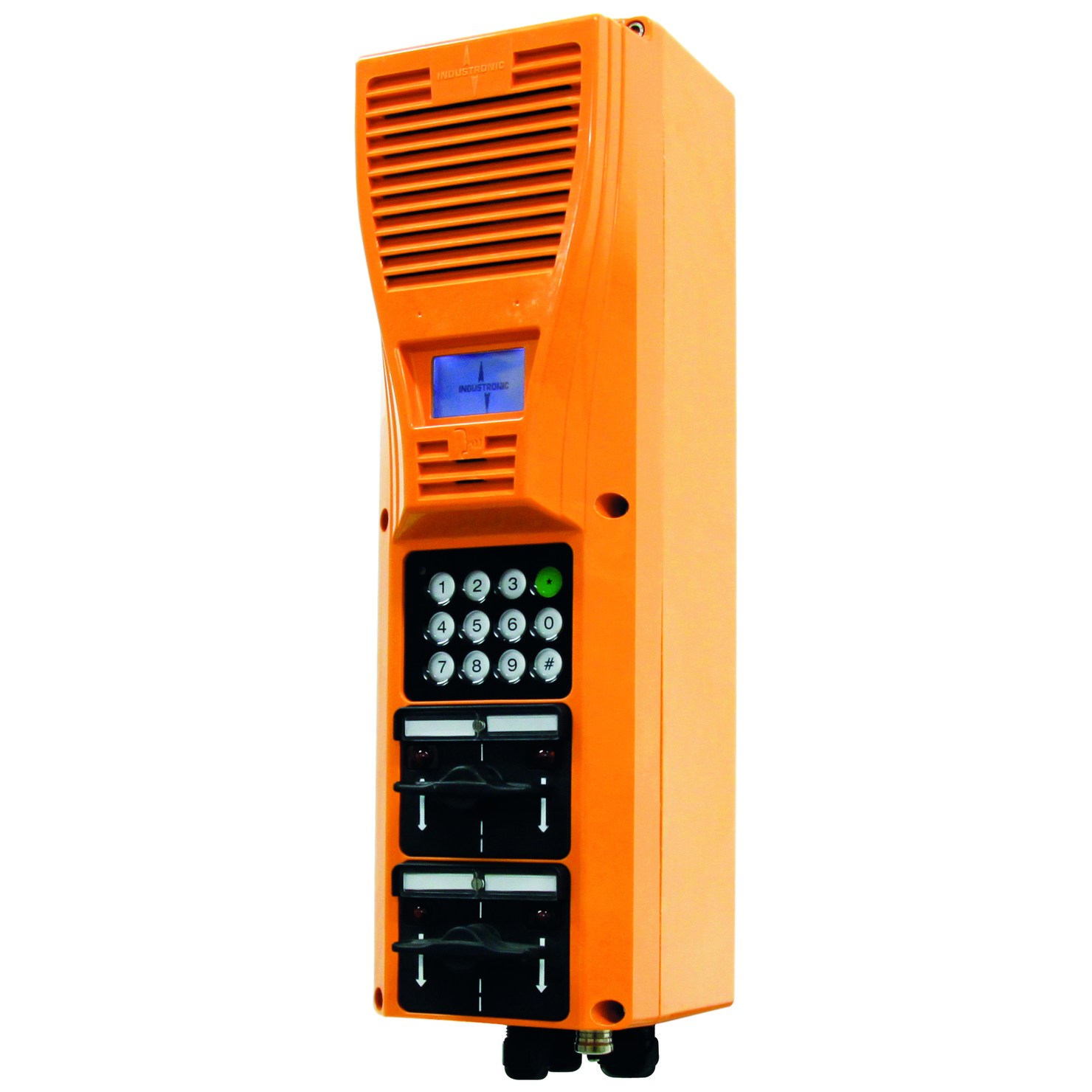 The weather-proof IP outdoor (harsh environment) intercom stations of the NRO xx/DE series with integrated dial keypad are part of the INTRON-D plus communication and public address system from INDUSTRONIC.